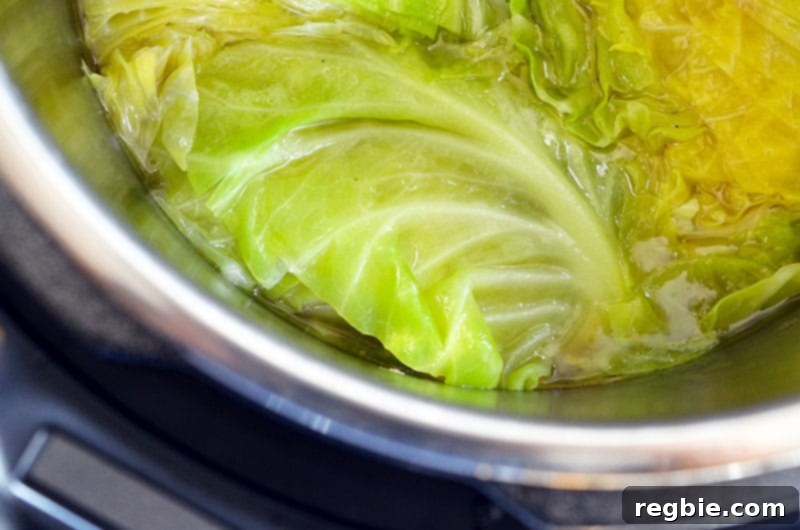 An overhead shot of the Instant Pot with perfectly cooked, tender cabbage wedges inside, infused with pork flavor.