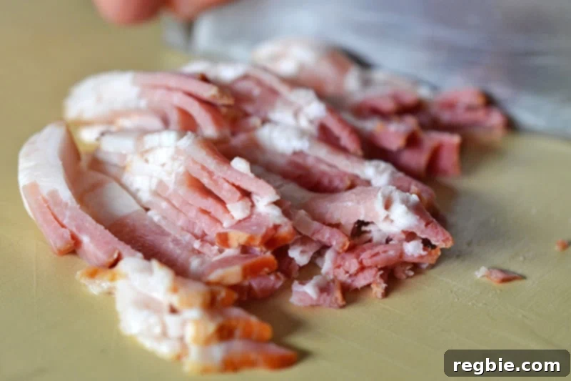 Better-Than-Takeout Asian Cauliflower Fried Rice 7 Thinly sliced bacon diced and ready for cooking in a skillet for fried rice