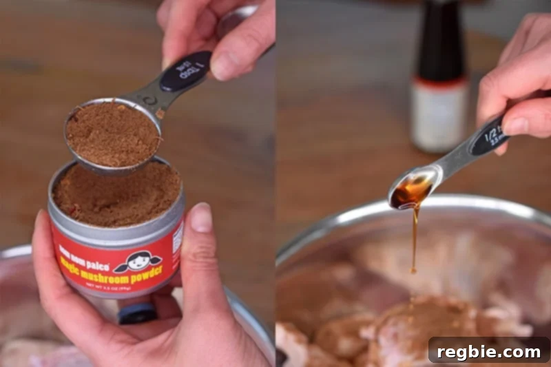 Measuring out and adding magic mushroom powder and fish sauce to a bowl of chicken wings.