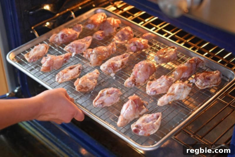 Someone carefully putting a tray of marinated Magic Wings into the preheated oven for the first baking cycle.