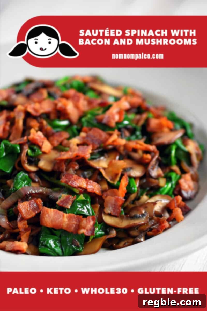 Sizzling Bacon, Mushroom, and Spinach Skillet 2 A closeup of vibrant green sautéed spinach, glistening cremini mushrooms, and crispy bacon bits, served elegantly in a white bowl, signaling a healthy and delicious Whole30, paleo, keto, and gluten-free dish.