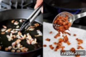 Sizzling Bacon, Mushroom, and Spinach Skillet 18 On the left, tongs are pushing bacon bits in a cast iron skillet. On the right, a slotted spoon is putting crispy bacon bits on a paper towel.