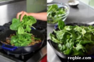 Sizzling Bacon, Mushroom, and Spinach Skillet 21 A large bowl filled with fresh green spinach sits next to a large skillet, which is already half-filled with wilting spinach, indicating the batch cooking process.