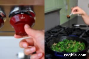 Sizzling Bacon, Mushroom, and Spinach Skillet 22 A hand is turning off the heat. On the right, a hand is adding balsamic vinegar to a pan of sautéed spinach