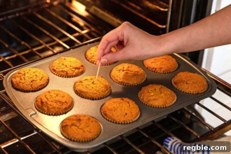 A hand is inserting a toothpick into the center of a baked paleo pumpkin muffin to check for doneness, with several golden-brown muffins visible in the tin.