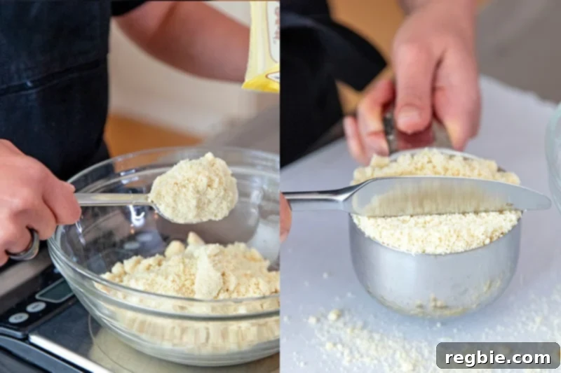 On the left, a person is precisely weighing out almond flour on a digital kitchen scale. On the right, another person is carefully measuring almond flour in a dry measuring cup, demonstrating the correct fluff and level method.