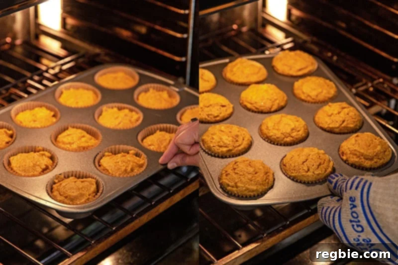 The paleo pumpkin muffins are baking in the oven, and a hand is shown rotating the muffin tray at the halfway point to ensure even cooking and browning.