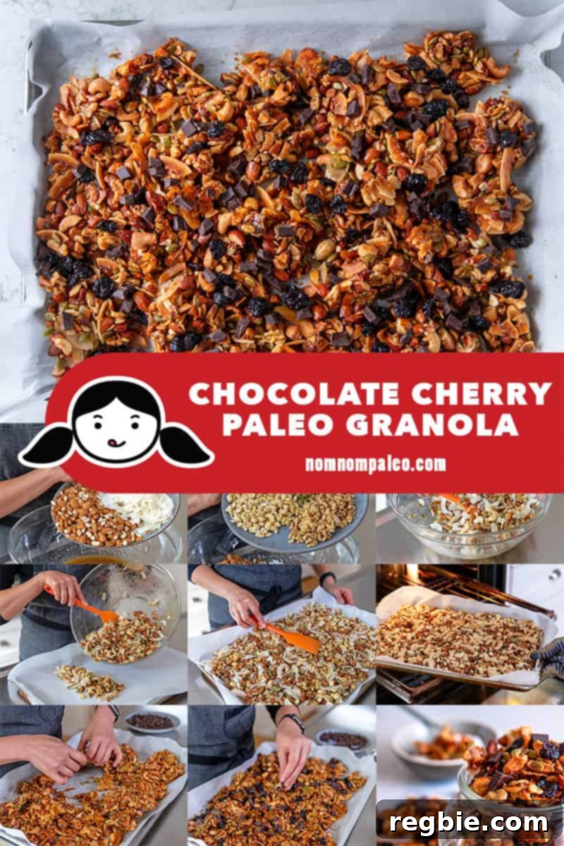 Indulgent Chocolate Cherry Granola Paleo Vegan Gluten Free 3 A collage of the cooking steps to make chocolate cherry paleo granola, showing preparation and baking stages.