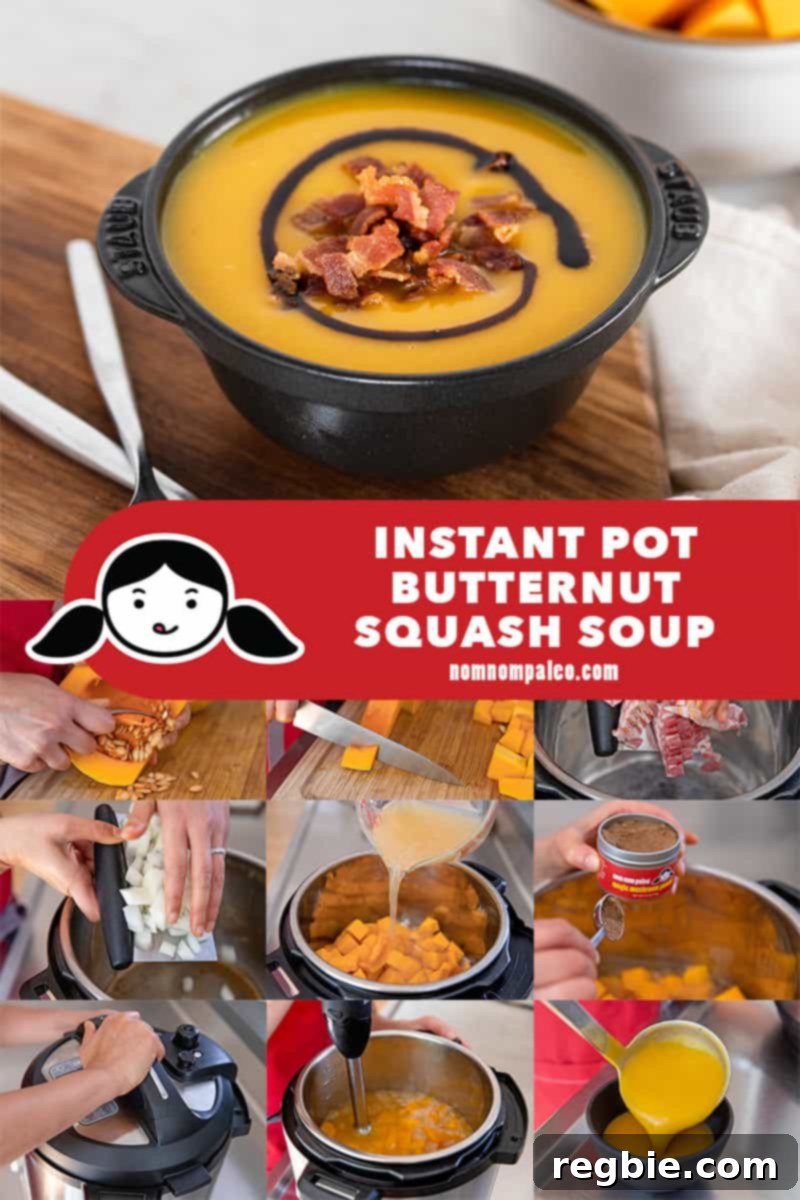 A vibrant collage showcasing the step-by-step preparation of a hearty Whole30 and paleo Instant Pot butternut squash soup, from ingredients to final serving.