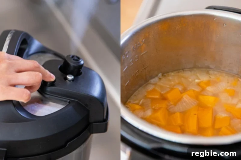 Someone releasing the pressure manually from an Instant Pot. An overhead shot of Instant Pot butternut soup before it is blended.