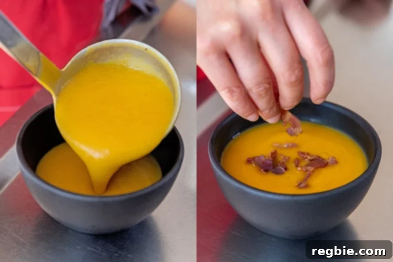 A black bowl is being filled with Instant Pot butternut squash soup. On the right the bowl of Whole30 soup is being topped with bacon bits and balsamic vinegar.