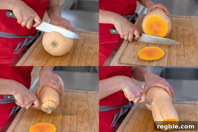 A four-picture shot of someone cutting a butternut squash. Cut the two ends off with a chef's knife and then use a paring knife to cut it in half crosswise.