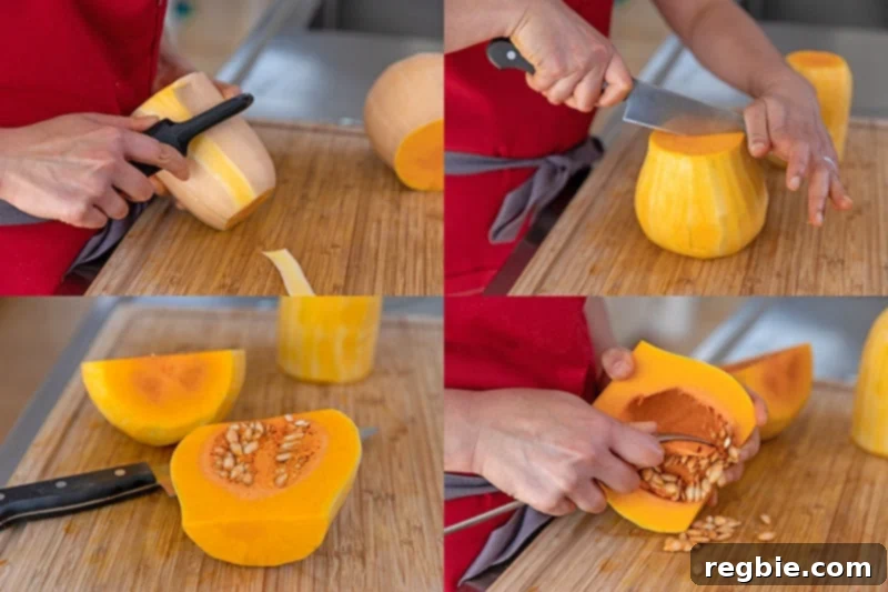 Four pictures that show the steps on how two peel and deseed a butternut squash.