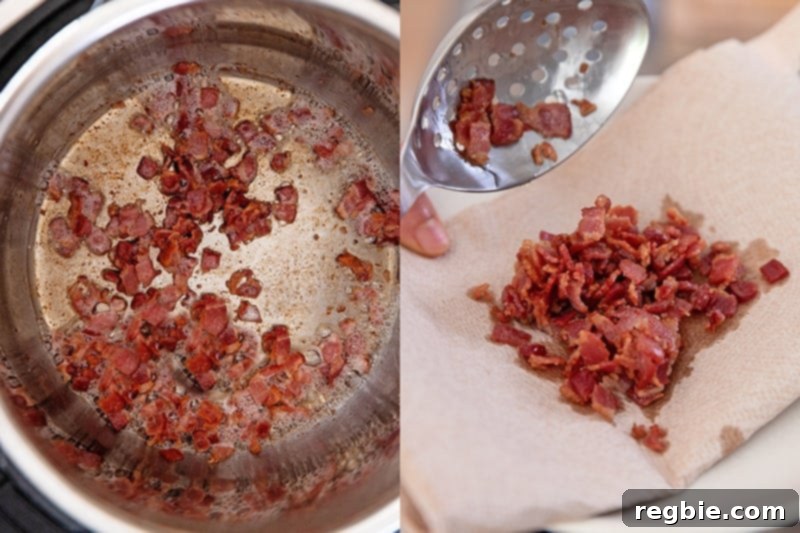 Sautéing bacon bits in the metal insert of an Instant Pot until crispy and then removing them with a slitted spoon to a paper towel-lined plate.