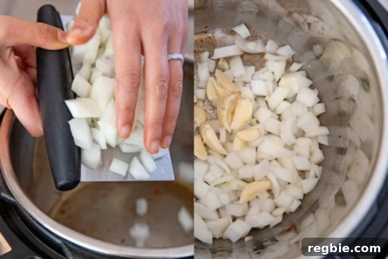 Using a stainless steel scraper to transfer diced onions to an Instant Pot to make paleo butternut squash soup.
