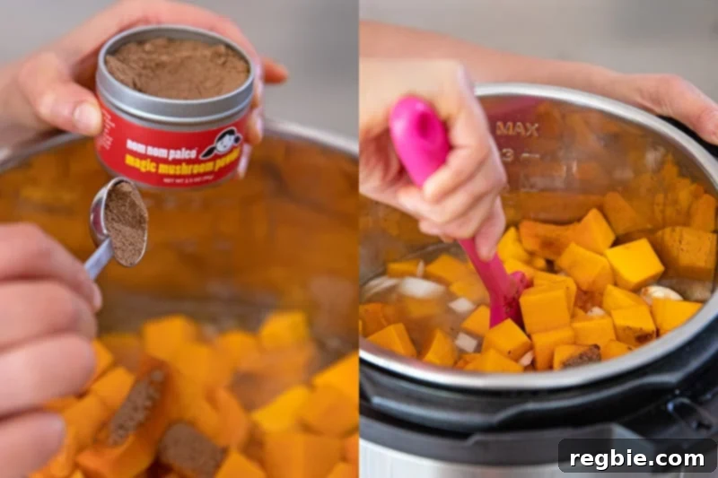 A person is adding Magic Mushroom Powder to an Instant Pot filled with broth and butternut squash. 