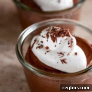 Two clear bowls filled with paleo chocolate pudding made with coconut milk and gelatin. The dairy-free chocolate pudding is topped with a dollop of whipped coconut cream and shaved dark chocolate.