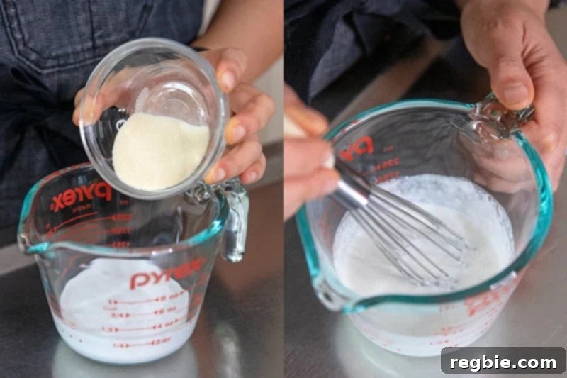 Heavenly Paleo Chocolate Pudding 4 Adding gelatin to a measuring cup filled with coconut milk and then whisking it.