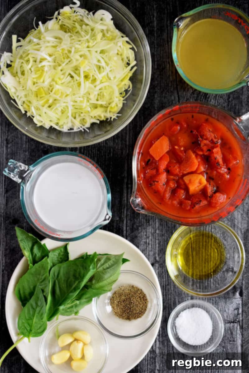 An overhead shot of the fresh ingredients neatly arranged to make creamy dairy-free tomato soup.