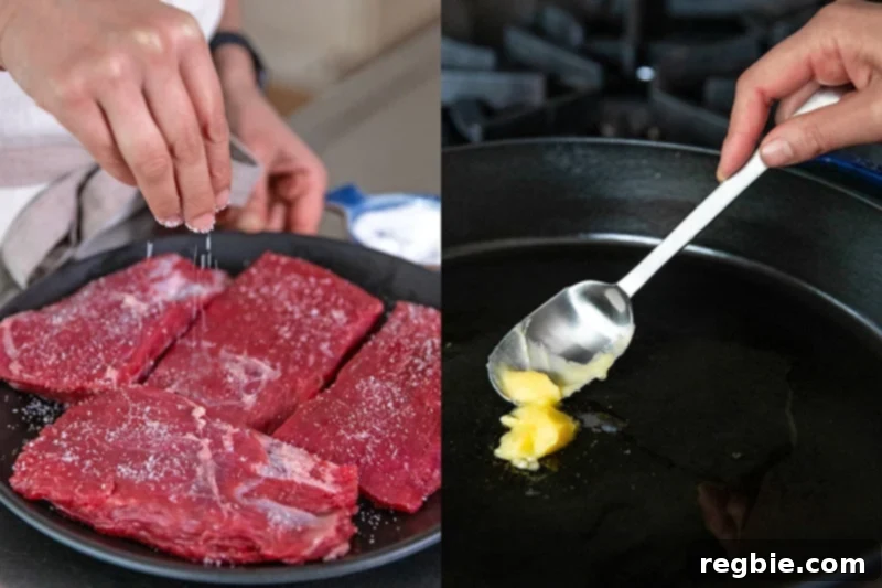 Seasoning a cut up flank steak with salt. Adding ghee to a hot cast iron skillet.