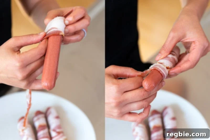 A person wrapping a piece of bacon around a hot dog in a single layer.
