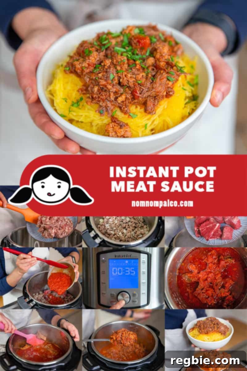 Easy Instant Pot Meat Sauce Whole30 Keto 3 A collage of the cooking steps to make Instant Pot Meat Sauce, a simple and Whole30 version of Sunday Gravy.
