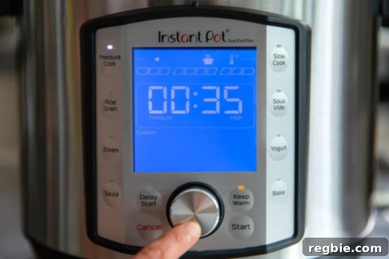 Easy Instant Pot Meat Sauce Whole30 Keto 8 A shot of the display panel on an Instant Pot Duo Evo Plus. The display says 00:35 and high pressure.