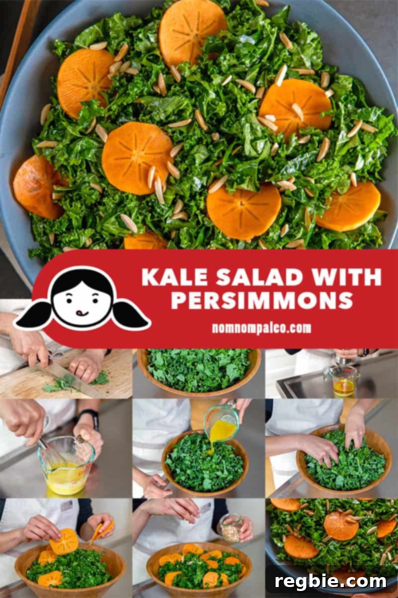 A collage of the cooking steps to make Kale Salad with Persimmons, a Whole30, paleo, and vegan salad.