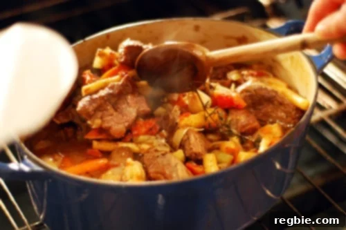 Rich, oven-braised beef stew with carrots, parsnips, and kale in a rustic setting.
