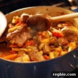 Oven-braised beef stew in a Dutch oven with serving spoon.