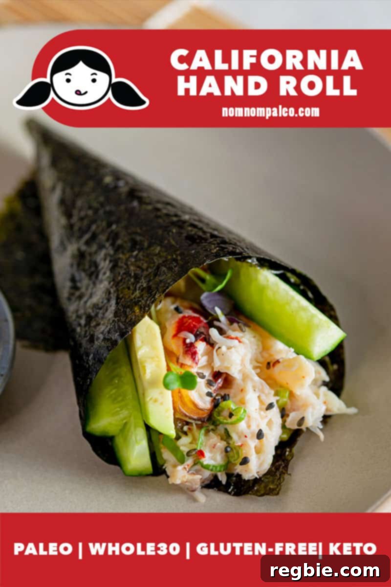 A vibrant close-up of a homemade Whole30 and keto California hand roll, showcasing fresh crab, thinly sliced cucumber, creamy avocado, and delicate sprouts nestled within crisp nori.