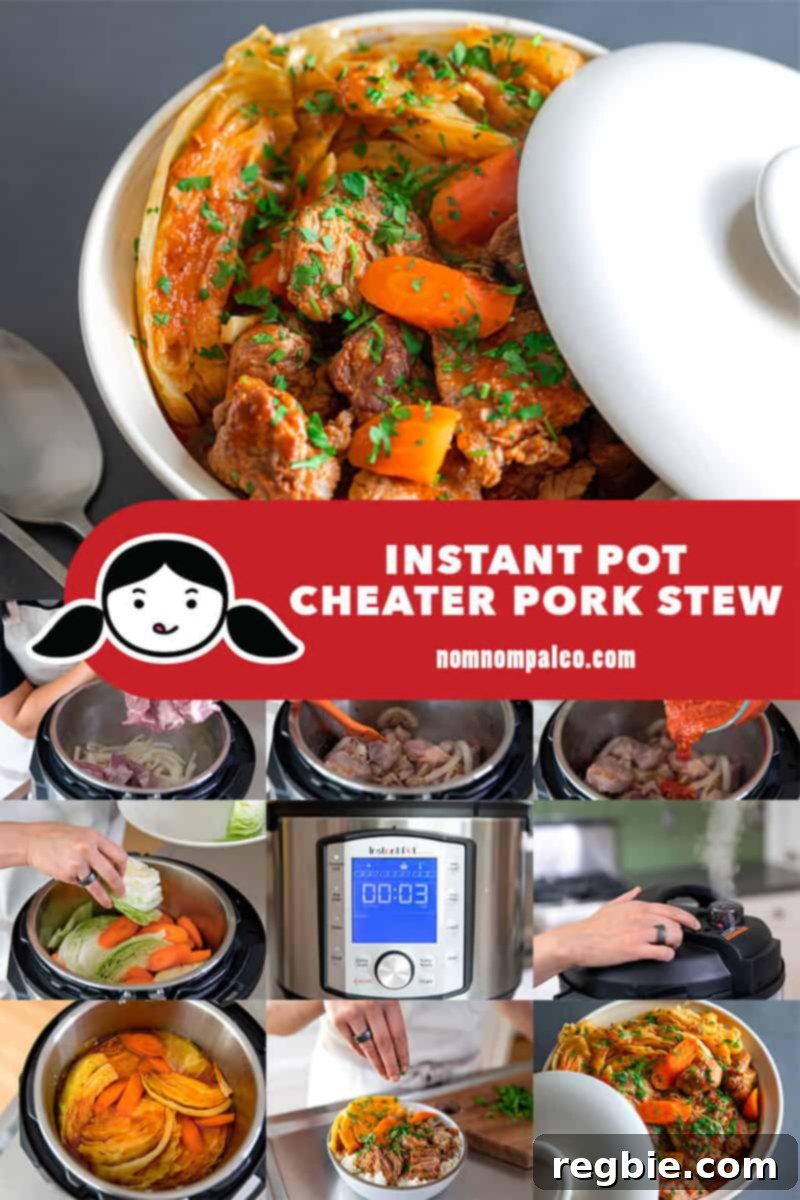 Easy Instant Pot Whole30 Keto Pork Stew 3 A helpful collage illustrating the various cooking stages of the Instant Pot Cheater Pork Stew, a simple, one-pot, and compliant Whole30 and Paleo dinner option.
