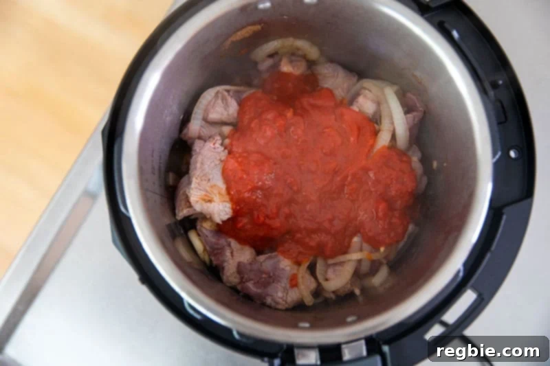 Easy Instant Pot Whole30 Keto Pork Stew 9 An overhead view of the Instant Pot with pork stew ingredients, now topped with marinara sauce, ready for pressure cooking.