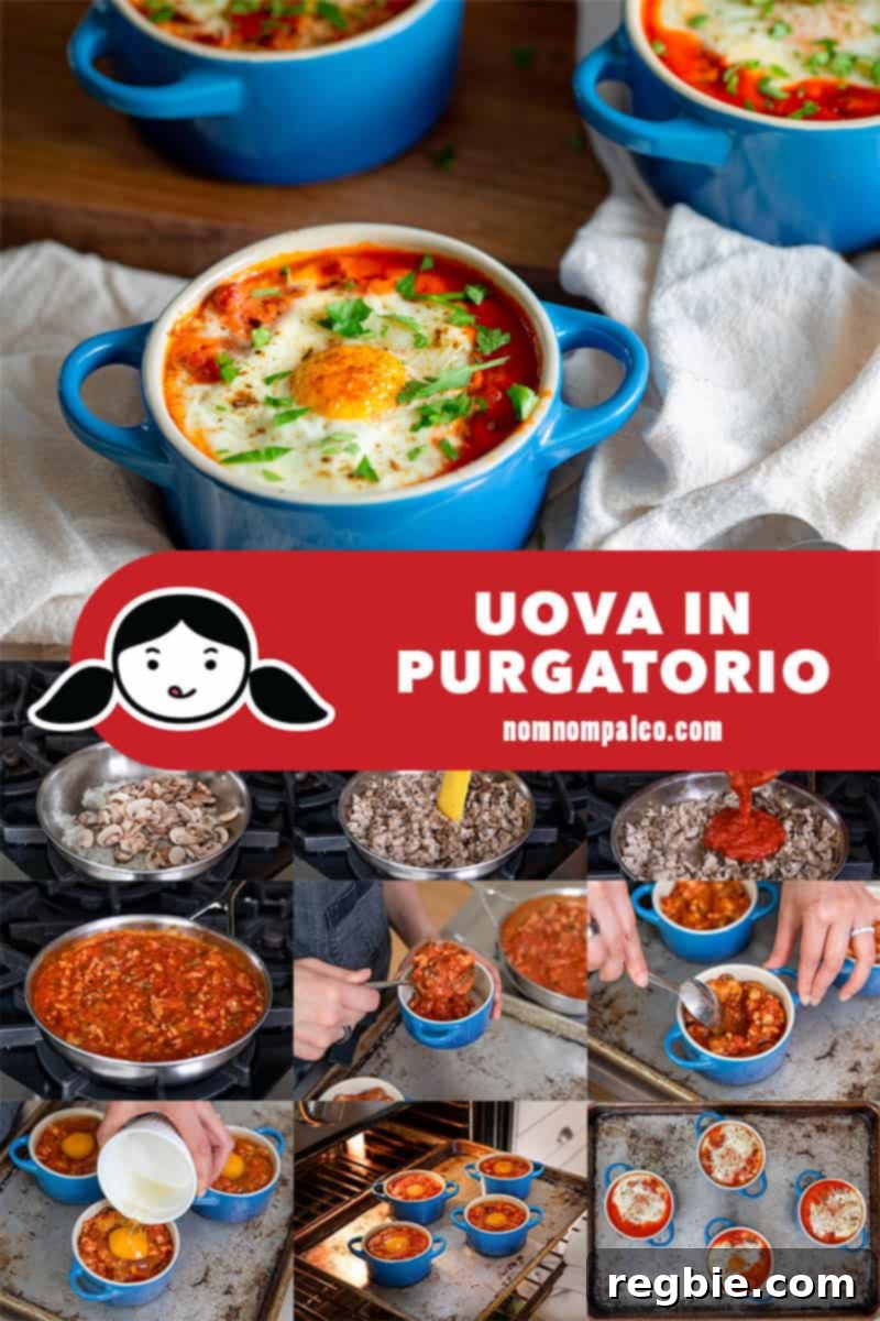 Inferno Eggs 3 A collage of the cooking steps to make Eggs in Purgatory (Uova in Purgatorio), an Italian baked egg dish in a spicy tomato sauce.