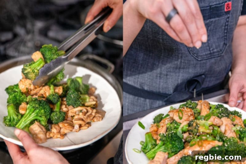 Using tongs to carefully place the gluten-free chicken and broccoli stir-fry onto a pristine serving plate, then elegantly sprinkling toasted sesame seeds and fresh scallions on top for garnish.