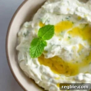 An overhead shot of a bowl of low carb and keto vegan tzatziki sauce.