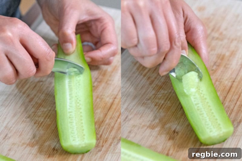Using a metal teaspoon to scoop out the seeds from a peeled Persian cucumber.