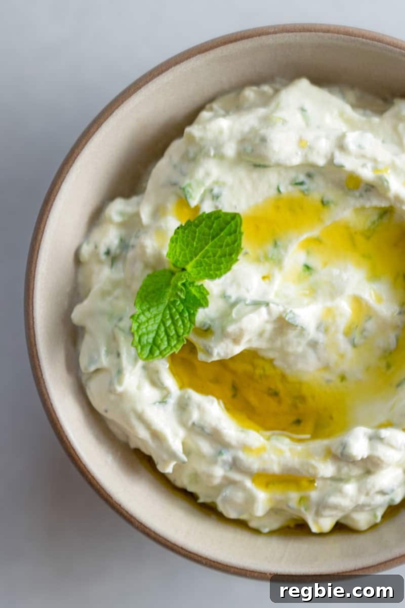 An overhead shot of a bowl of low carb and keto vegan tzatziki sauce.