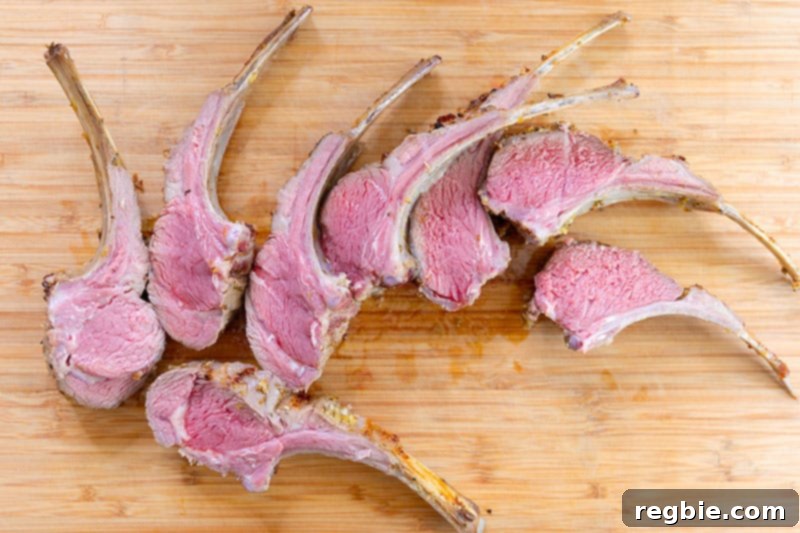 A cutting board displays perfectly cooked medium-rare lamb chops, showcasing their vibrant pink interior.