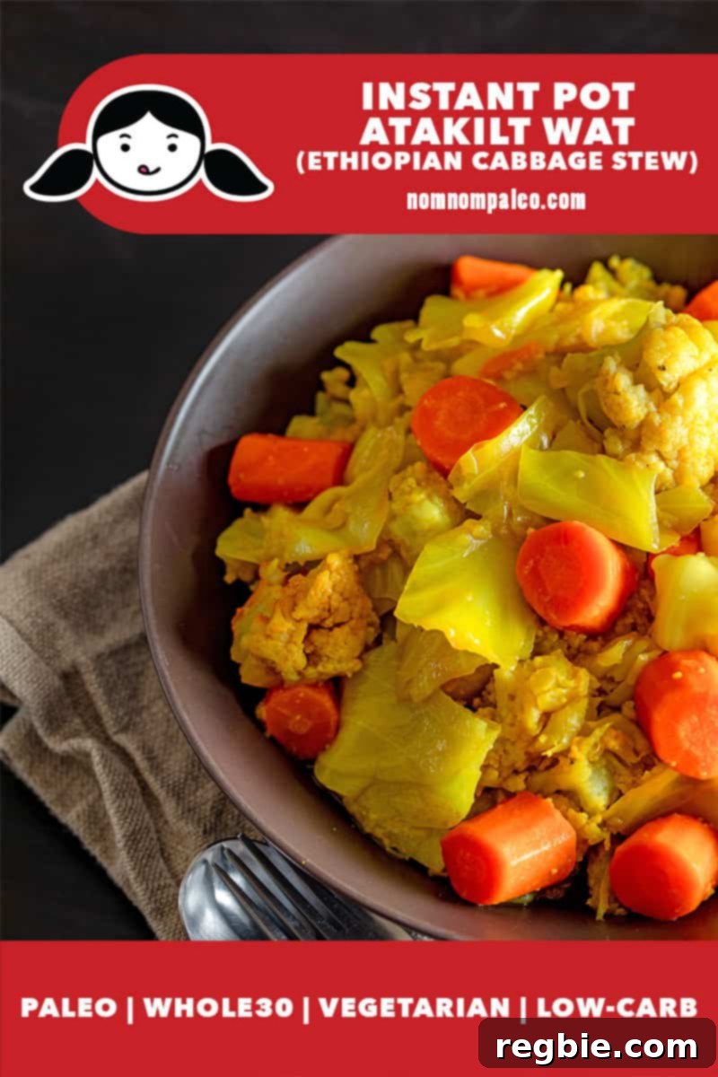 An overhead shot of a steaming bowl of Atakilt Wat, Ethiopian cabbage stew, garnished with fresh herbs. A red banner reads: Paleo, Whole30, Vegetarian, Low Carb, highlighting its health benefits.