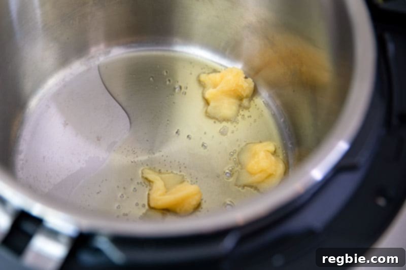 An overhead shot of an open Instant Pot with ghee melting inside, steam gently rising, indicating it's ready for the next step in preparing the stew.