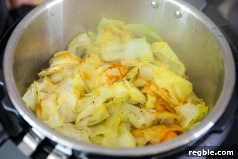 An overhead shot of an open Instant Pot, revealing a pot full of perfectly cooked, tender low-carb Ethiopian cabbage stew, ready for final seasoning.