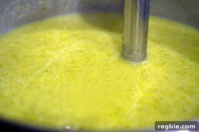 A pot of just-blended Curried Cream of Broccoli Soup, with the immersion blender still resting inside, showcasing its smooth texture.