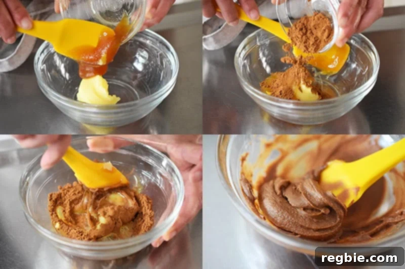 A four-photo collage illustrating the process of mixing ghee, honey, and cinnamon together to create a smooth, gluten-free filling for paleo cinnamon rolls.