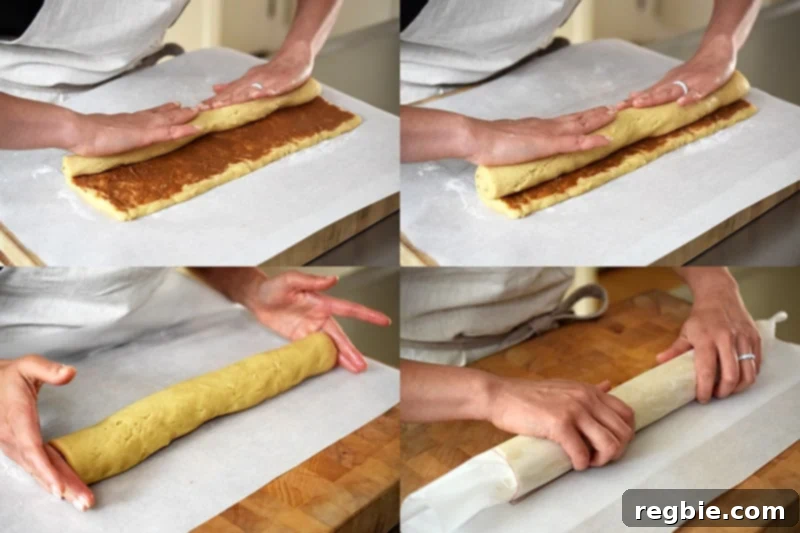 A four-panel photo collage depicting the process of tightly rolling paleo and gluten-free cinnamon roll dough into a long cylinder, using parchment paper for assistance.
