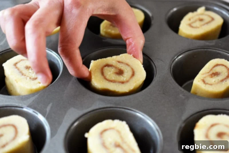 Placing individual sliced paleo cinnamon rolls, flat-side down, into the greased wells of a muffin tin, ready for baking.
