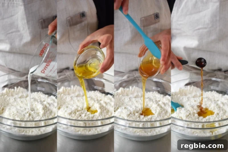 A sequence of photos demonstrating the addition of wet ingredients like coconut milk, ghee, honey, and vanilla into the dry mixture for paleo cinnamon roll dough.