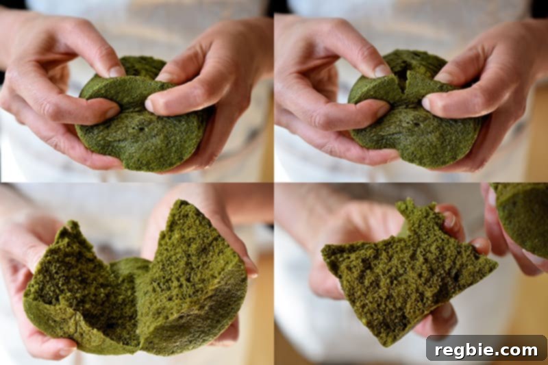 Four pictures of someone splitting a matcha mug cake in half with her hands and showing the green sponge cake texture. 