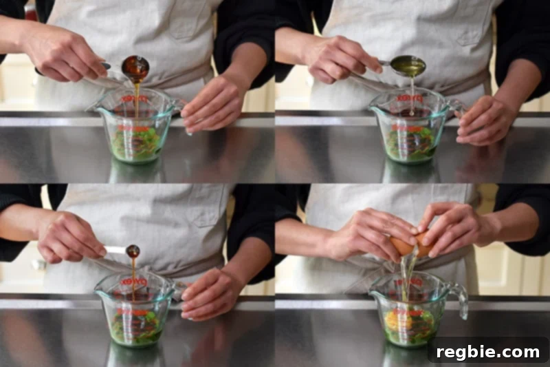 Four photos that show someone adding the liquid ingredients for gluten-free matcha mug cake in a measuring cup.