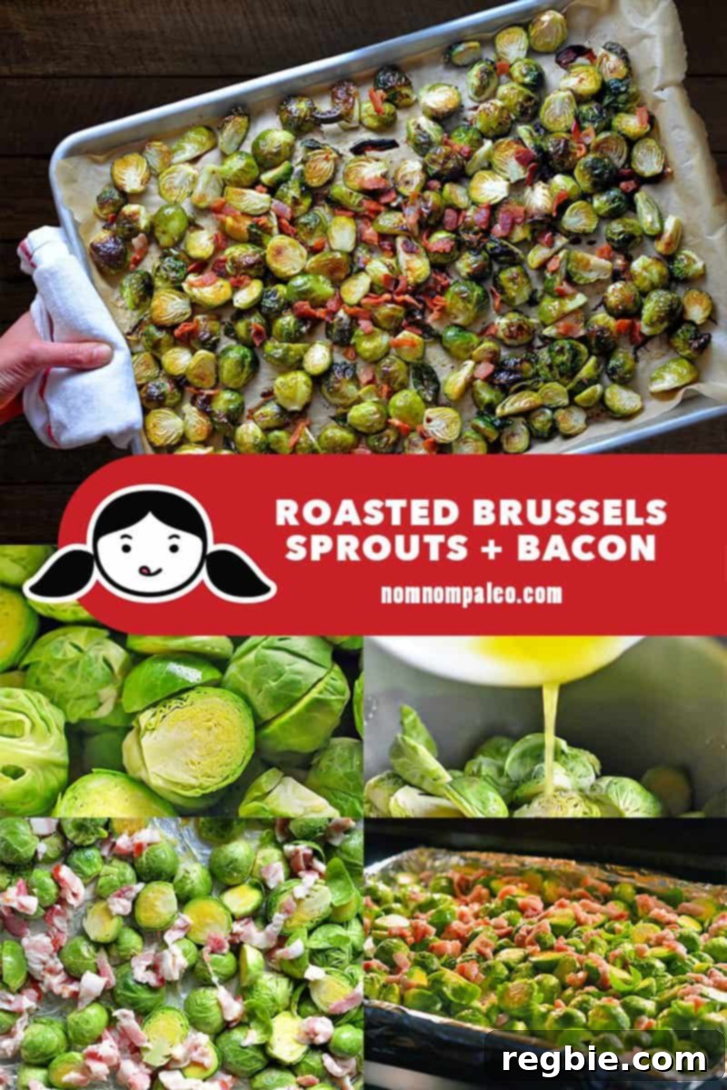 A collage of the cooking steps for preparing roasted brussels sprouts and bacon, showing trimming, halving, and seasoning.